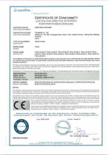 Chine King Sun Energy Technology (Suzhou) Co., Ltd.  Certifications